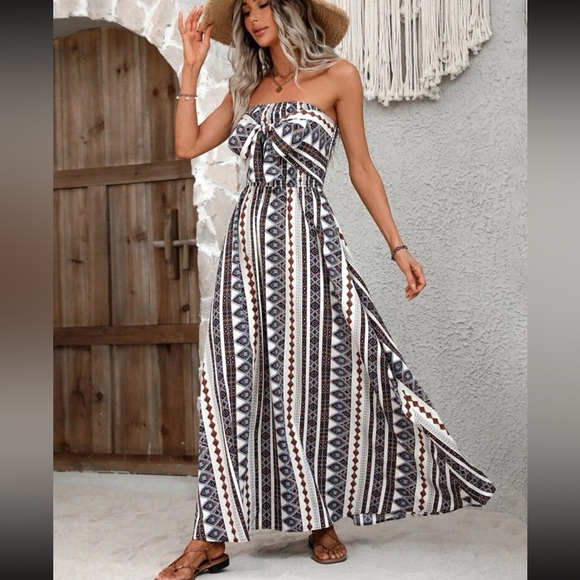 Boho Geo Print Front Knot Strapless Smocked Tube Top Maxi Dress